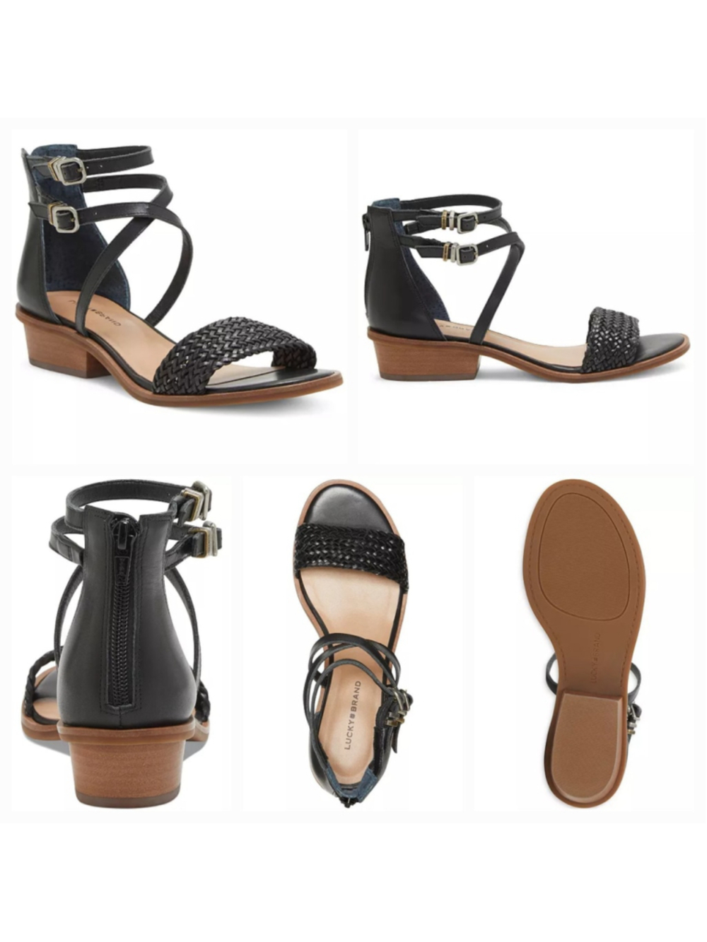 Lucky Brand Skippir LEATHER Gladiator Woven Chunky Block Heel Sandals 10 M BLACK - Picture 3 of 14